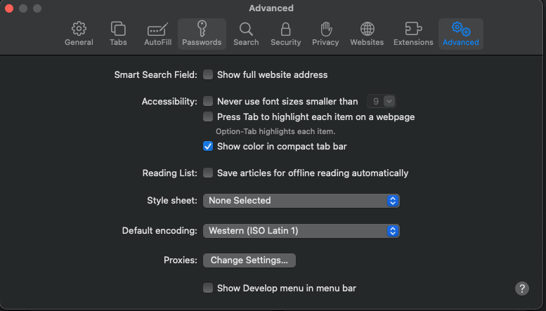 Safari - Advanced settings