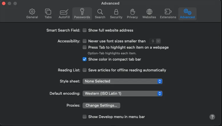 Safari Advanced Settings