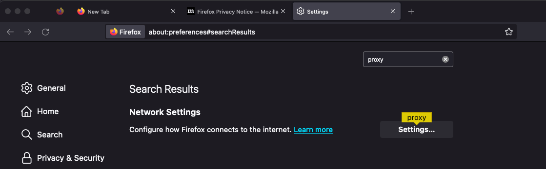Firefox - Search for proxy