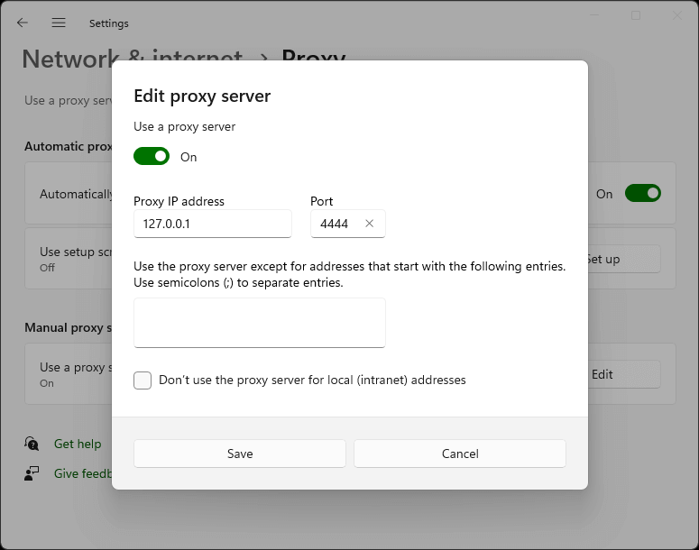 Windows - Edit proxy server