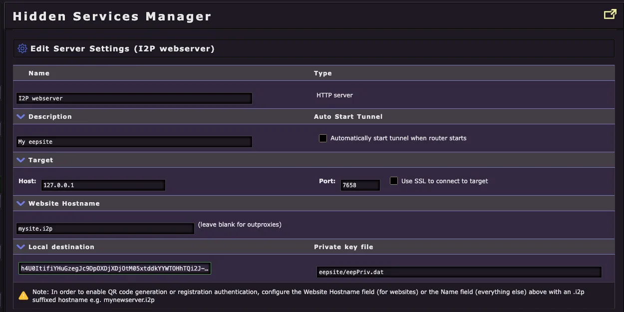 Eepsite Server Settings